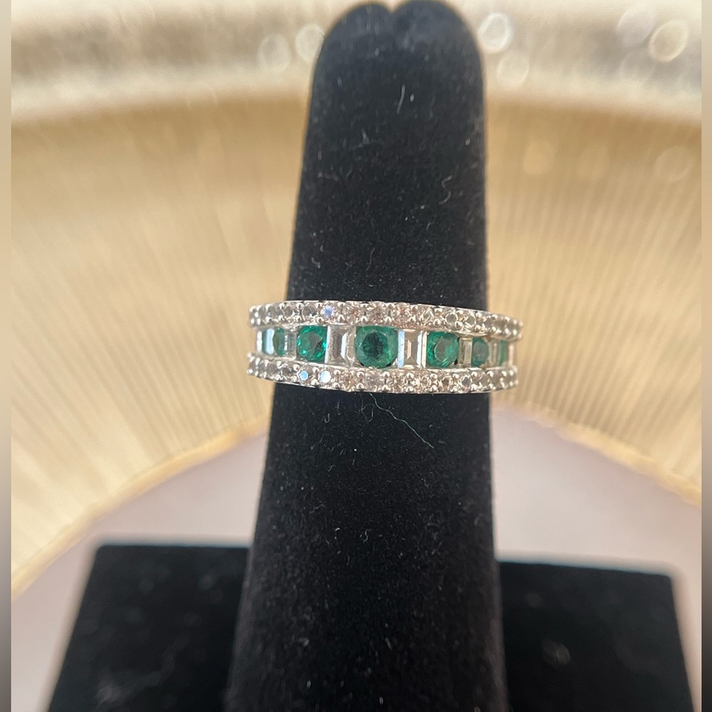 Lab Created Emerald and Diamond 925 Silver Band